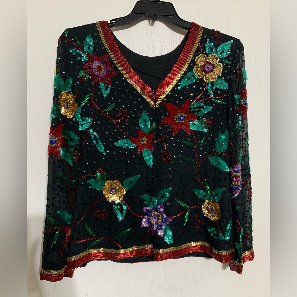 Vintage Niteline Silk Beaded Floral Blouse Top